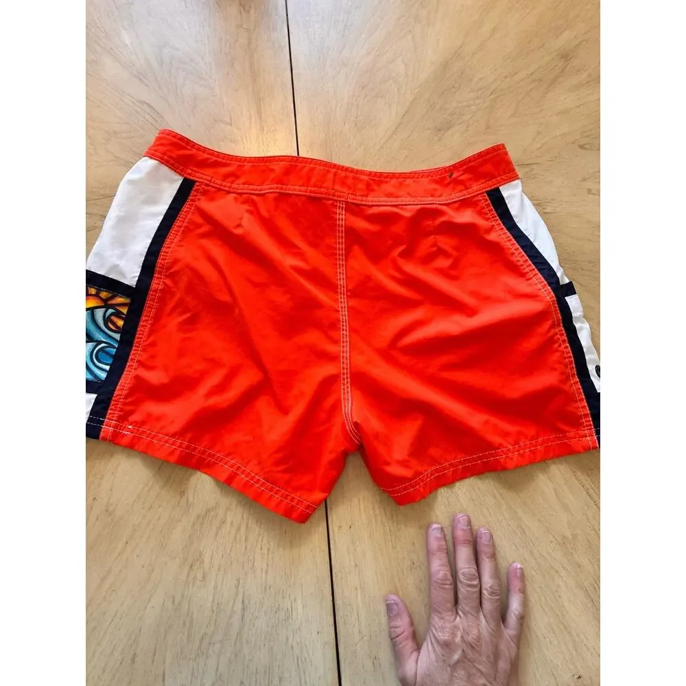VTG 90s Billabong Board Swim Shorts Mini Womens Large Hawaiian Aloha Orange Surf